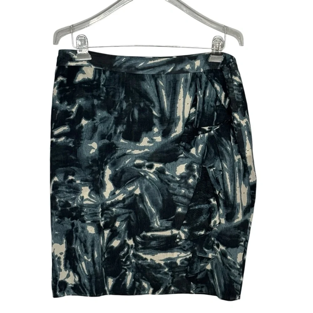Ann Taylor Size 10 Green/Black/Cream Silk/Spandex Faux Wrap Lined Skirt w Ruffle